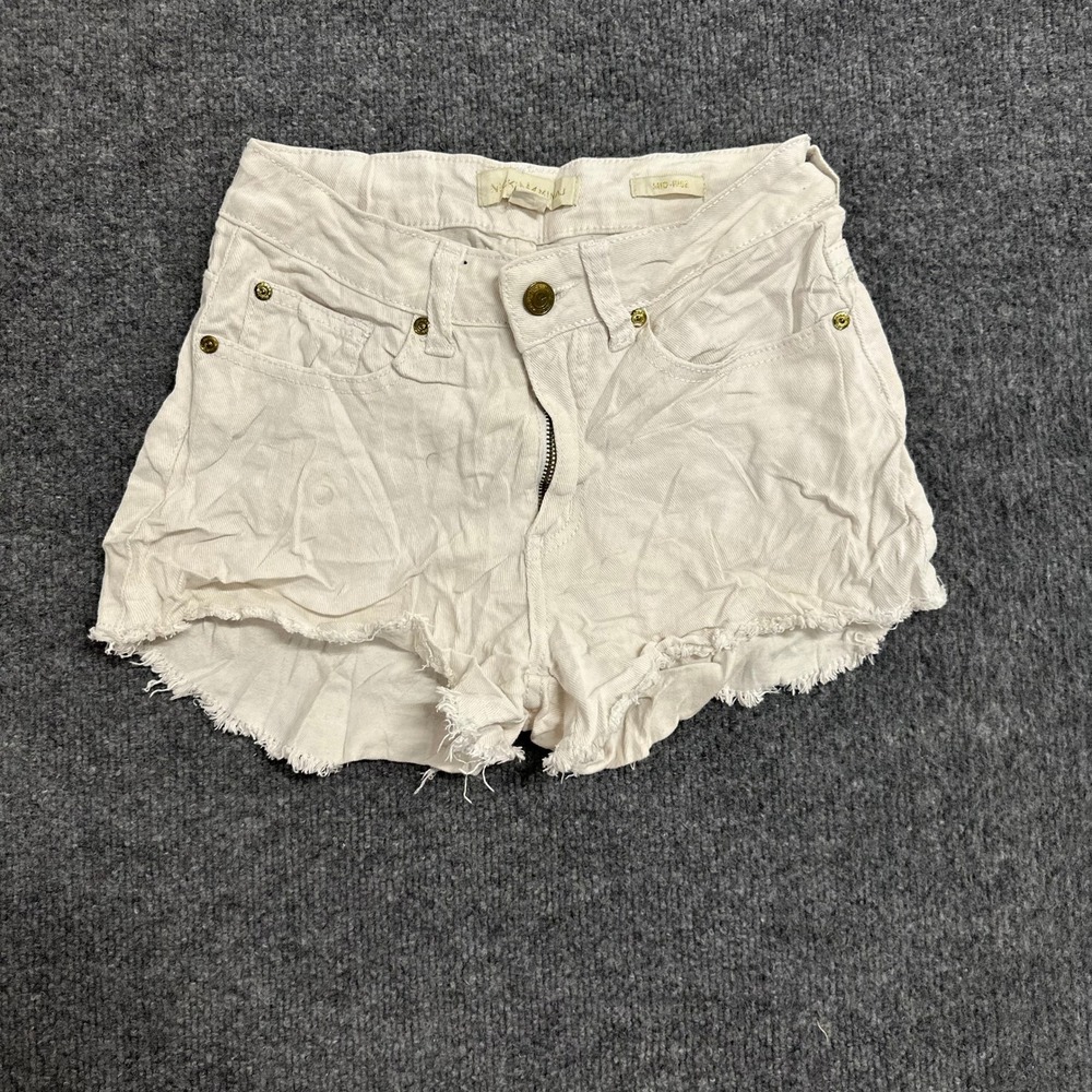 Nicki Minaj Shorts Womens Size 3/4 Cream Denim Cutoff Mid Rise Studded Logo 6511
